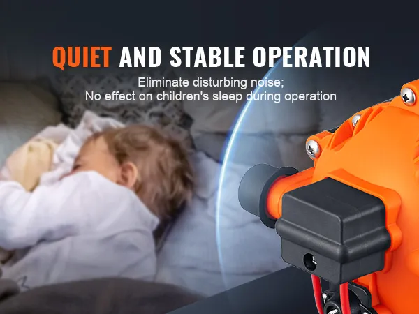 VEVOR 12v water pressure diaphragm pump ensures quiet operation, perfect for children's sleep.