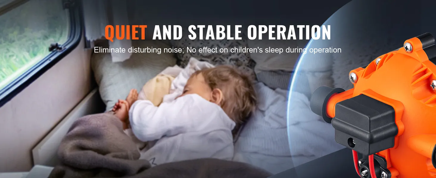 VEVOR 12v water pressure diaphragm pump ensures quiet operation, perfect for children's sleep.