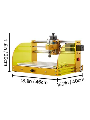 Máquina enrutadora CNC VEVOR amarilla con dimensiones 18,1 x 15,7 x 11,8 pulgadas.