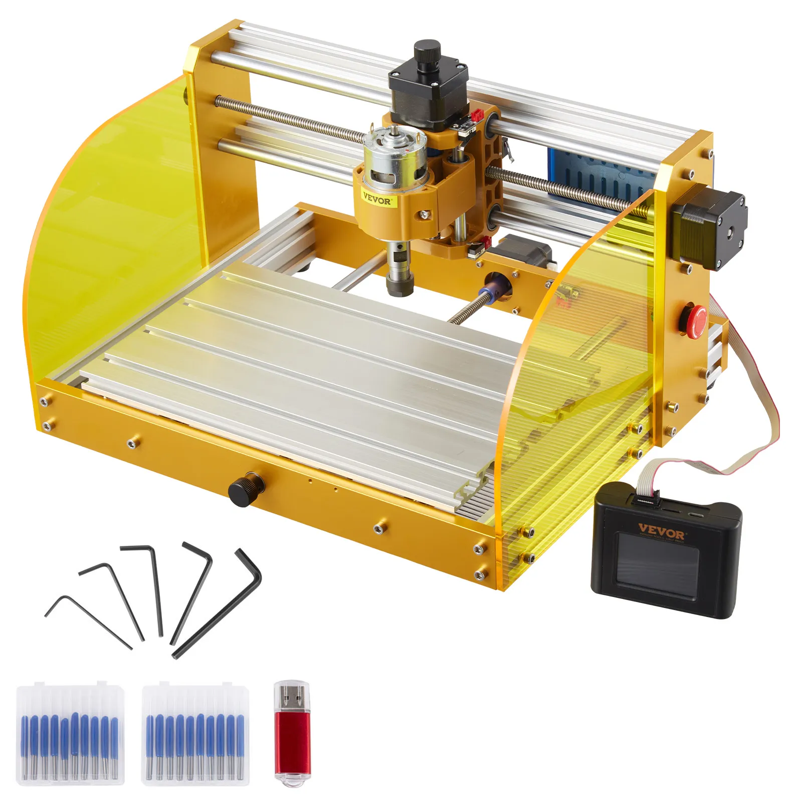 Máquina enrutadora CNC VEVOR con herramientas y accesorios, que muestra una carcasa protectora amarilla.