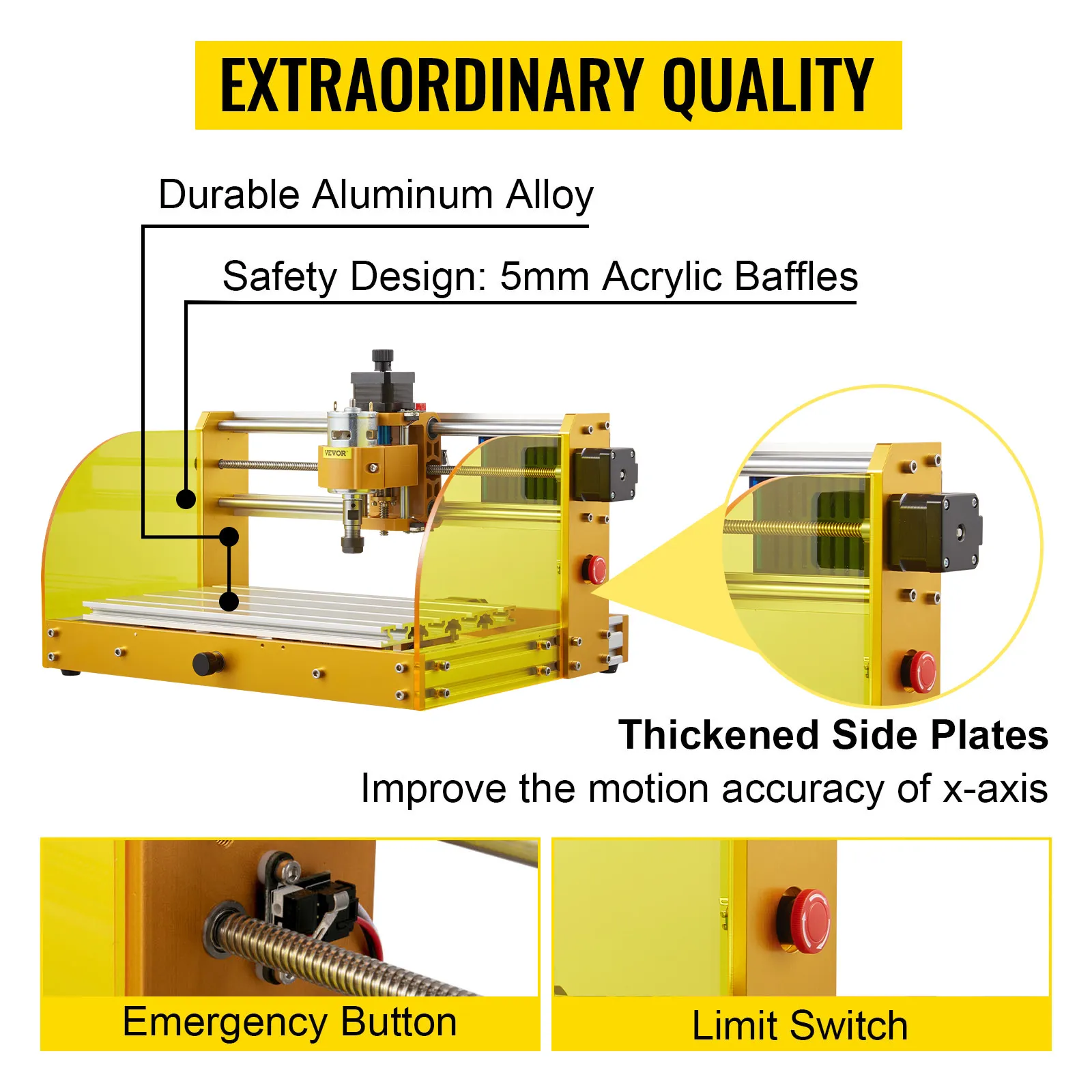 Máquina enrutadora CNC VEVOR con aleación de aluminio, deflectores de acrílico y botón de emergencia.