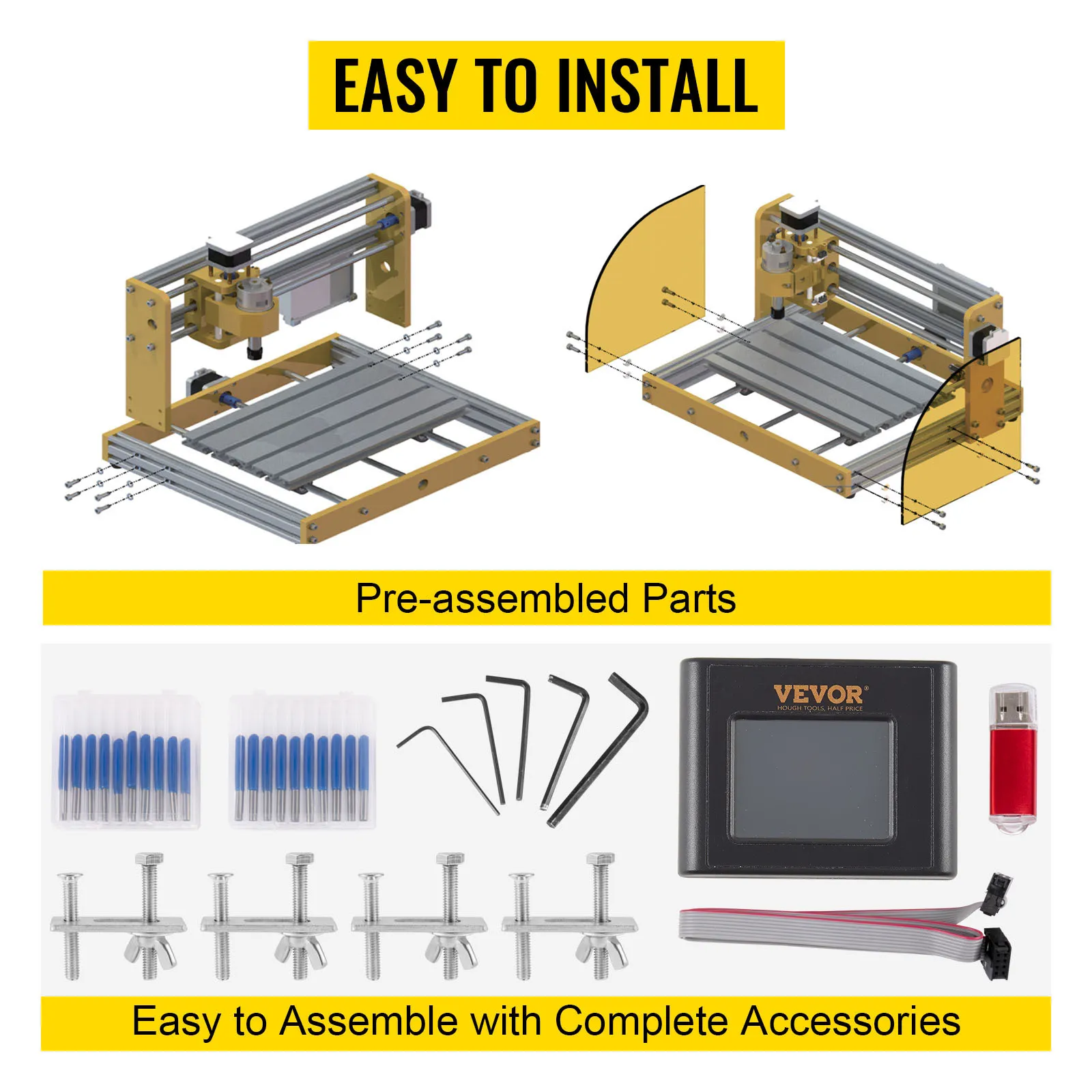 Máquina enrutadora CNC VEVOR con fácil instalación y accesorios completos.