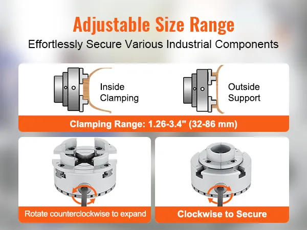 Mandril de torno VEVOR ajustable para sujeción industrial segura, rango de 1,26 a 3,4 pulgadas (32 a 86 mm).