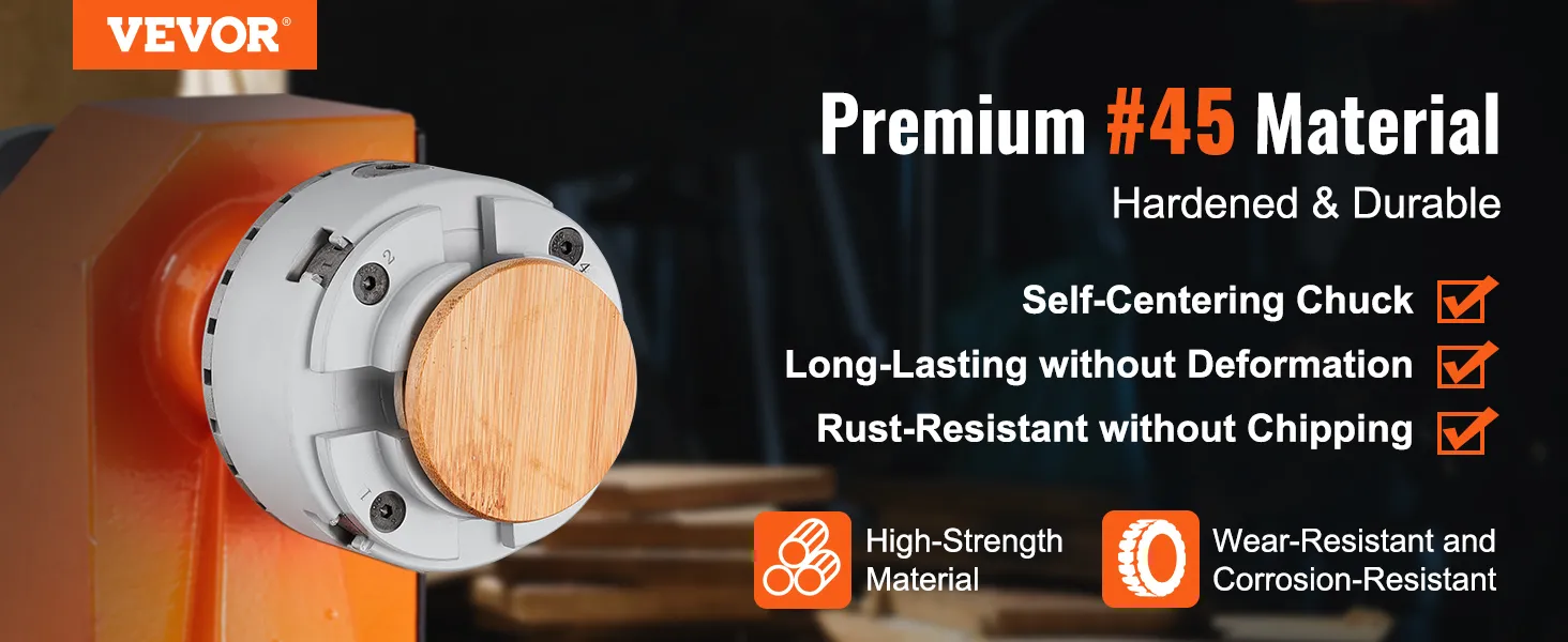 VEVOR lathe chuck with #45 hardened material, self-centering, long-lasting, rust-resistant.