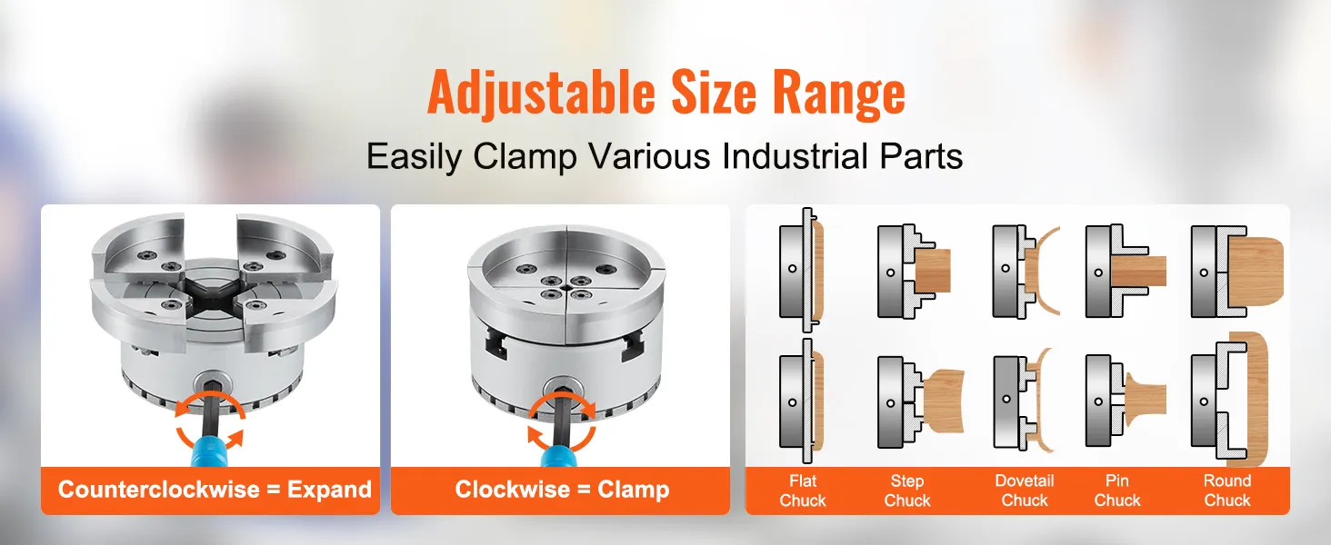 adjustable size VEVOR lathe chuck clamping industrial parts, clockwise clamp, counterclockwise expand.