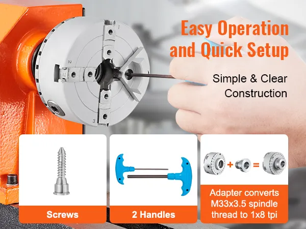 VEVOR lathe chuck assembly with screws, two handles, and an adapter for m33x3.5 to 1x8 tpi spindle thread.