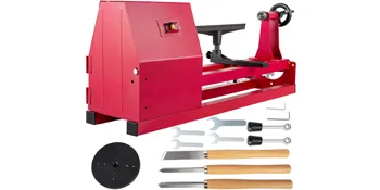 Torno de madera VEVOR rojo con herramientas de tallado y juego de accesorios.
