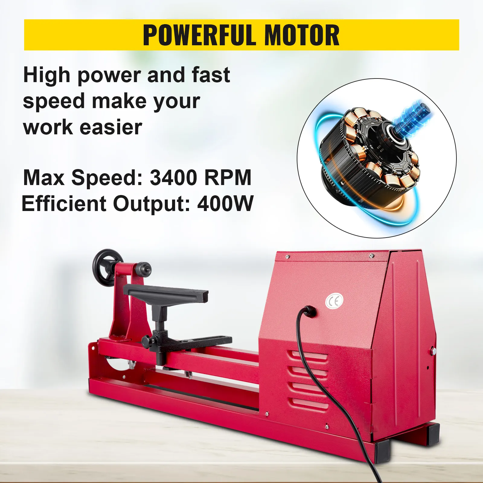 Torno de madera VEVOR con 3400 rpm, potente motor de 400w para trabajar la madera de manera eficiente.