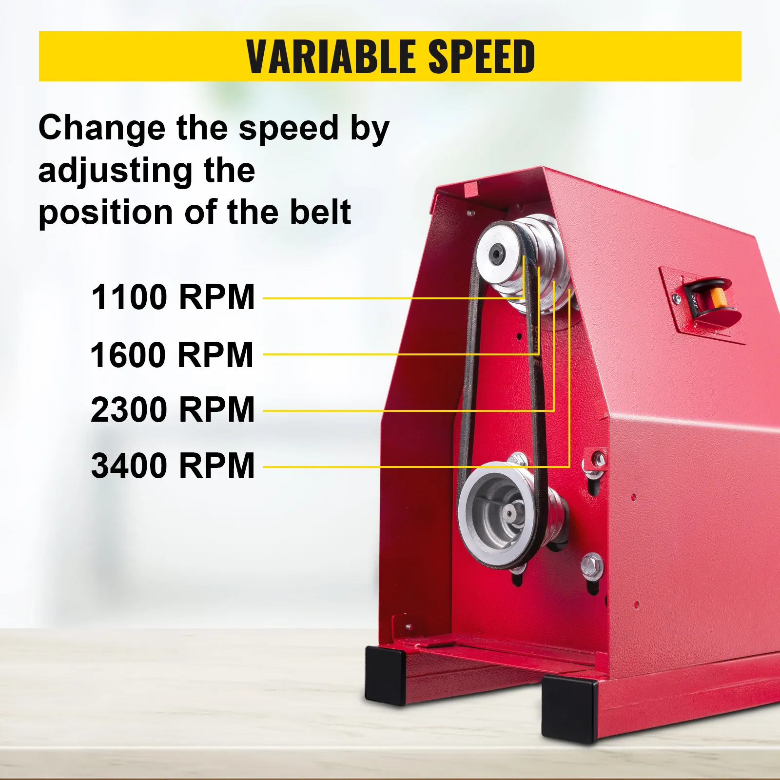Torno de madera VEVOR que presenta 4 velocidades variables: 1100, 1600, 2300 y 3400 rpm.