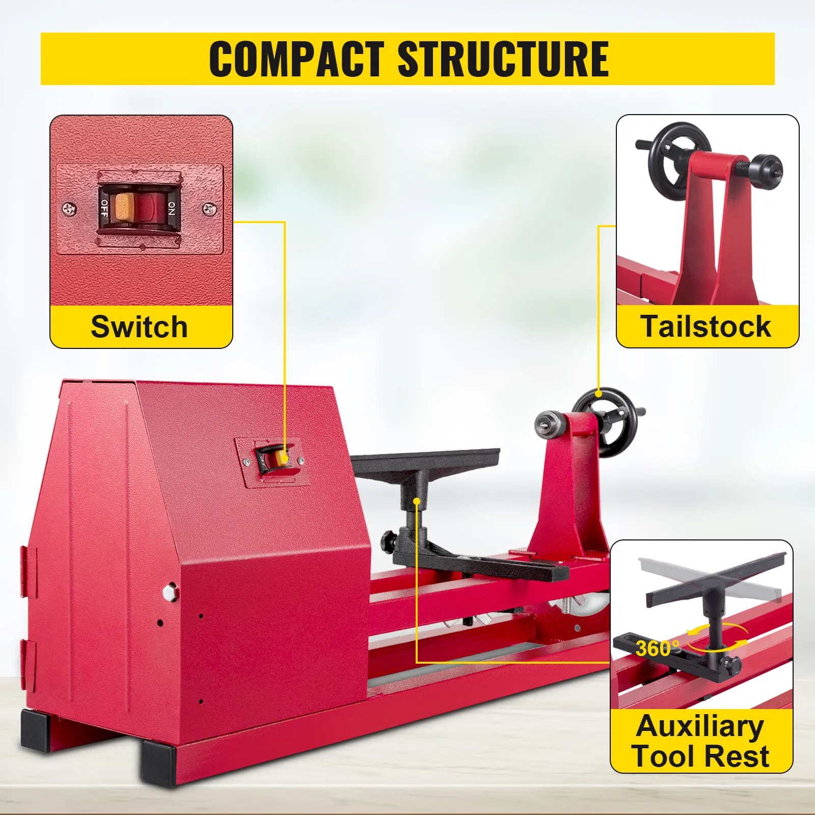 Torno de madera VEVOR con interruptor, contrapunto y soporte para herramientas auxiliares sobre una estructura compacta.
