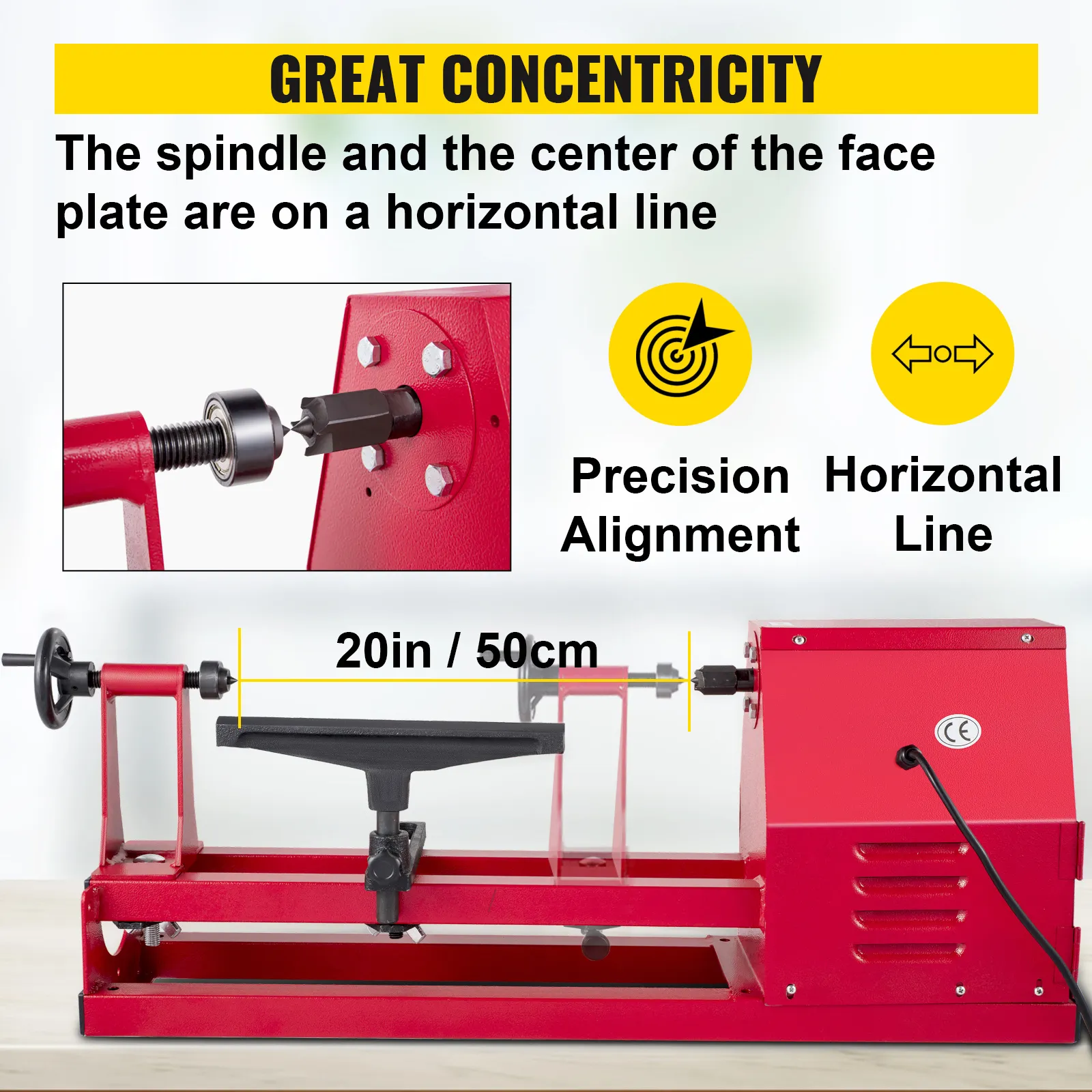 Torno de madera VEVOR con distancia de 20 pulgadas/50 cm, alineación de precisión y línea horizontal.