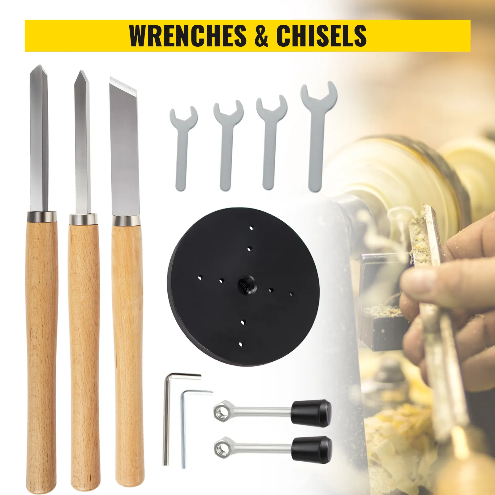 Llaves para torno de madera VEVOR, cinceles, placa negra y llaves hexagonales; manos utilizando torno.