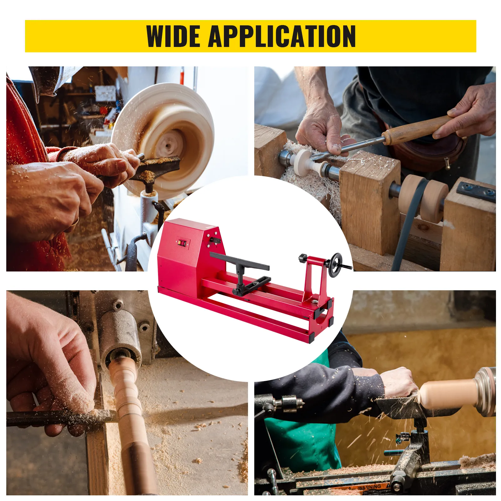 Torno de madera VEVOR en uso para diversas aplicaciones de torneado de madera, que muestra manos trabajando la madera.