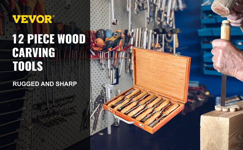 VEVOR woodworking lathe chisel set displayed with tools and a person carving wood.