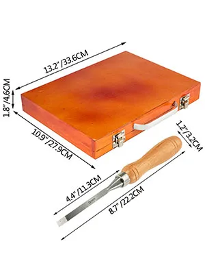 VEVOR woodworking lathe chisel set with wooden box and chisel dimensions.