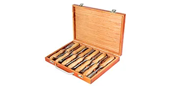 VEVOR woodworking lathe chisel set in a wooden case with nine chisels.
