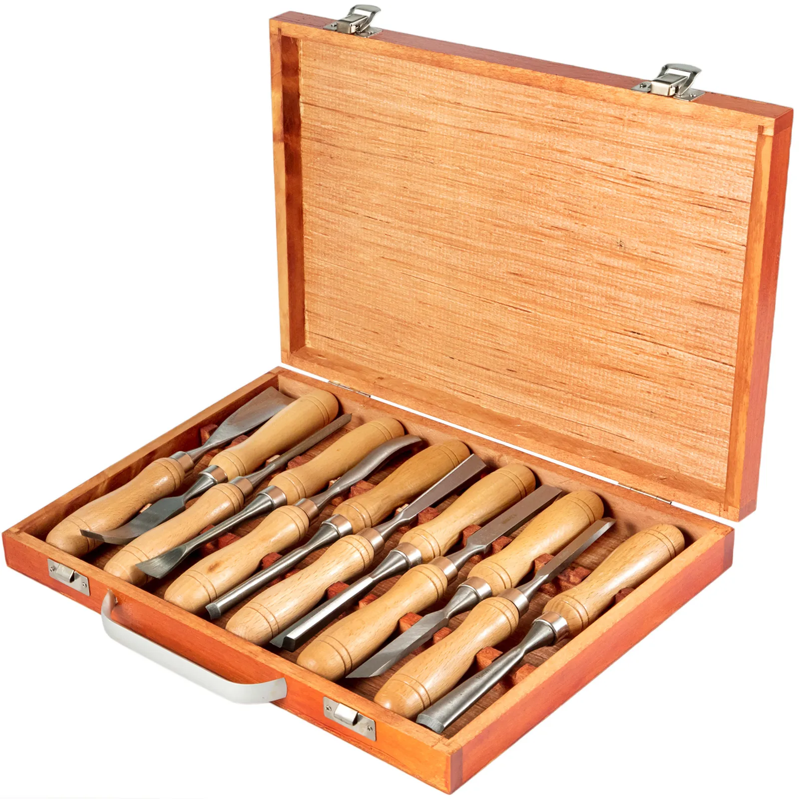 VEVOR woodworking lathe chisel set in an open wooden case with 8 chisels.