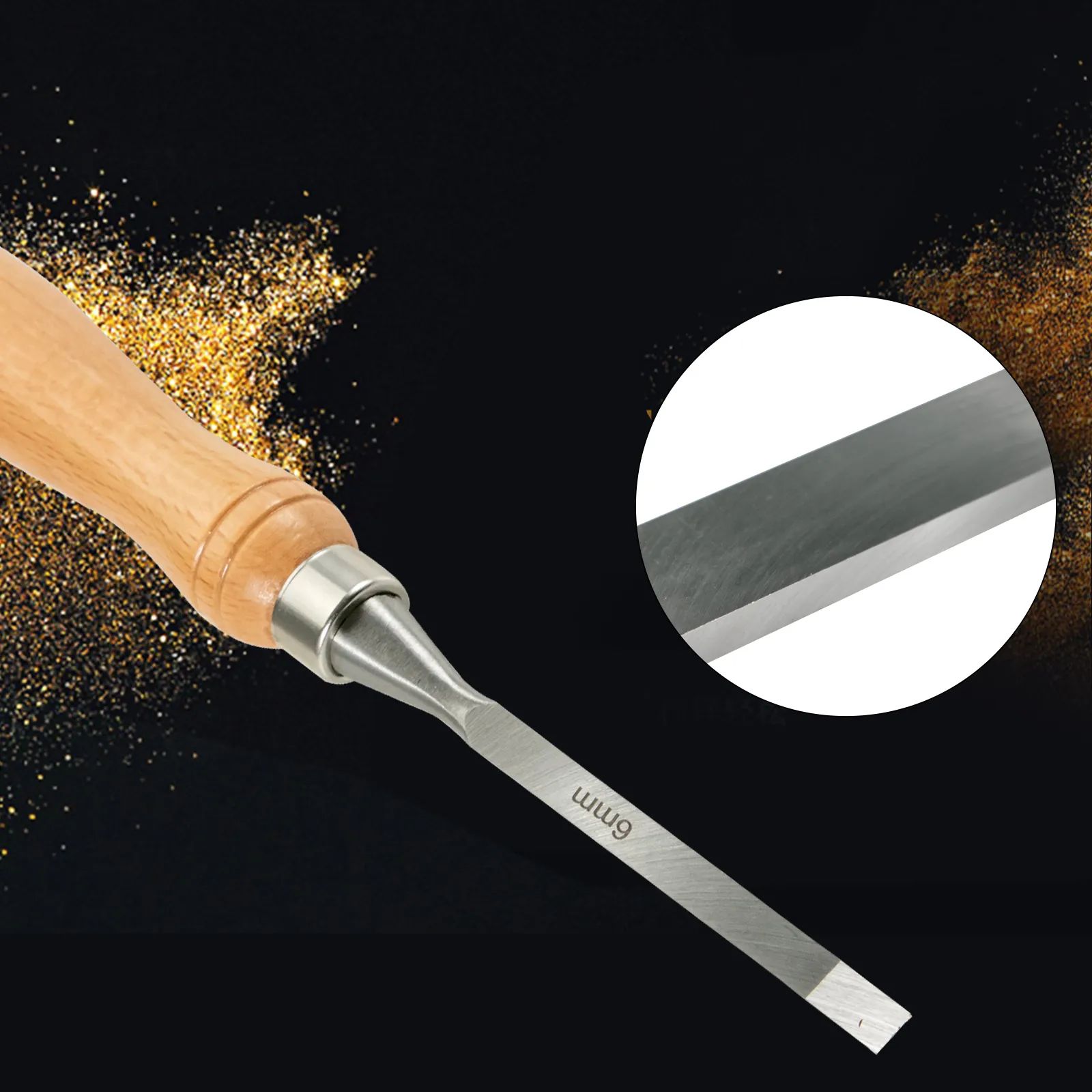 VEVOR woodworking lathe chisel set, close-up of 6mm chisel with wood handle and metal blade.