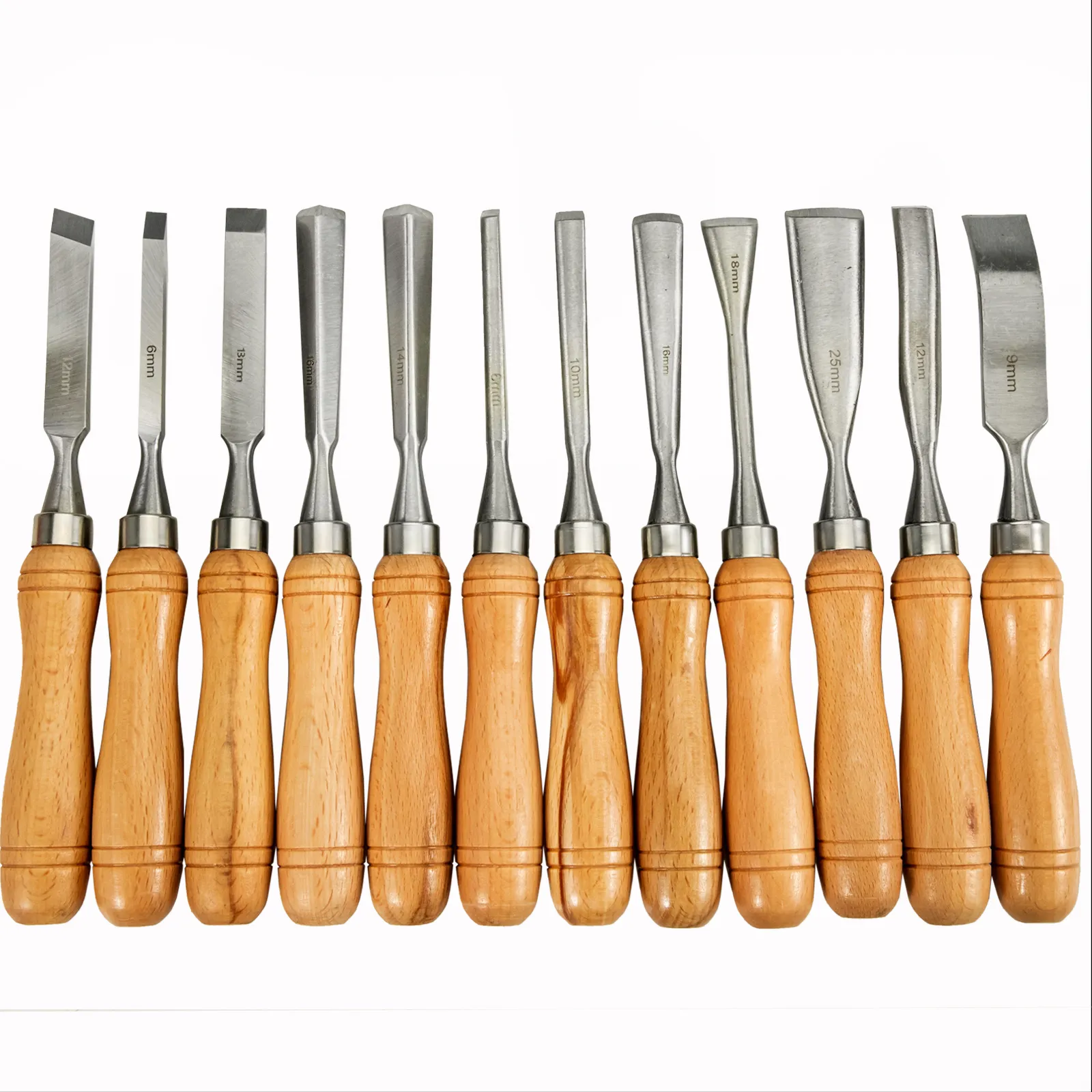 VEVOR woodworking lathe chisel set with wooden handles and steel blades arranged neatly.