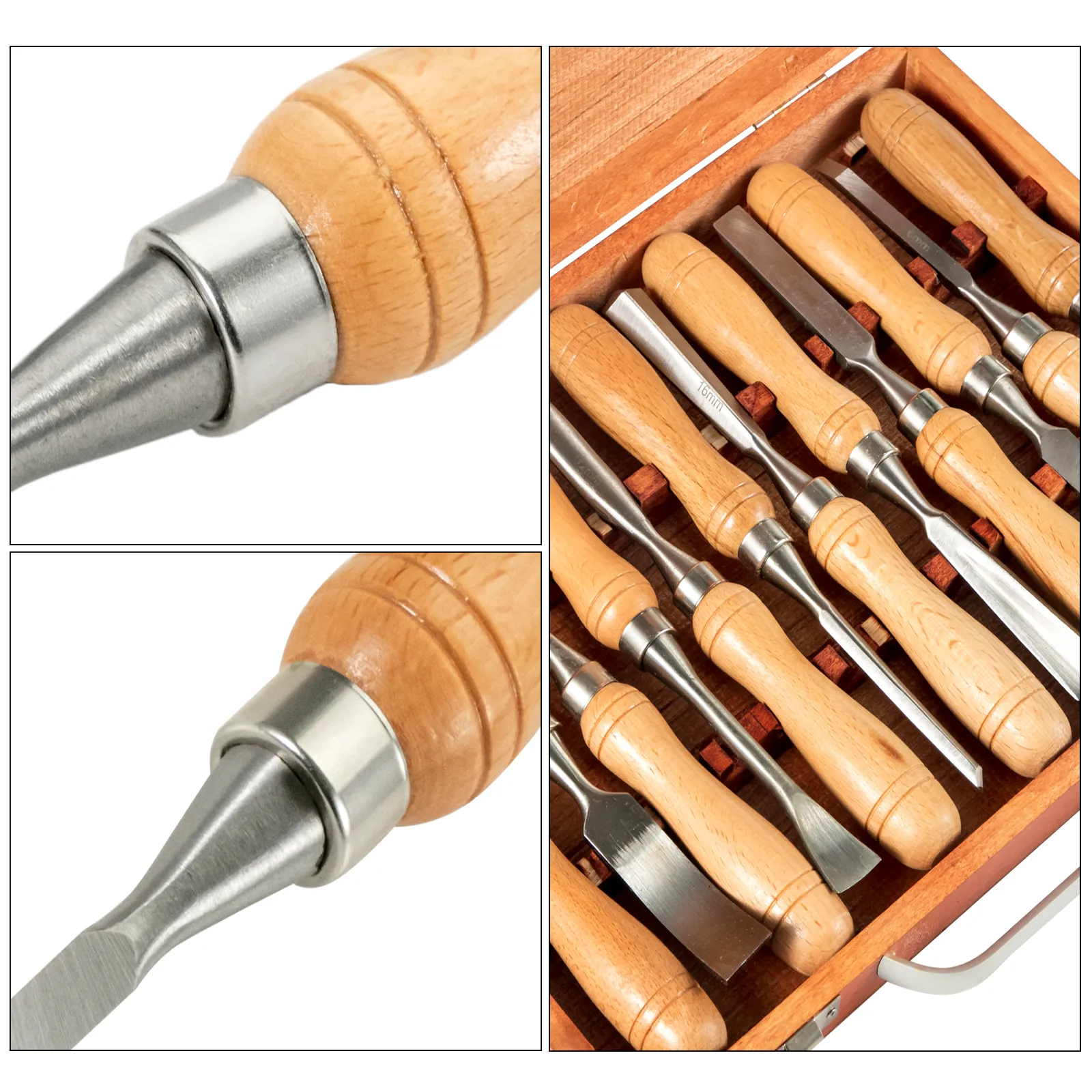 VEVOR woodworking lathe chisel set with wooden handles and sharp steel blades in a box.