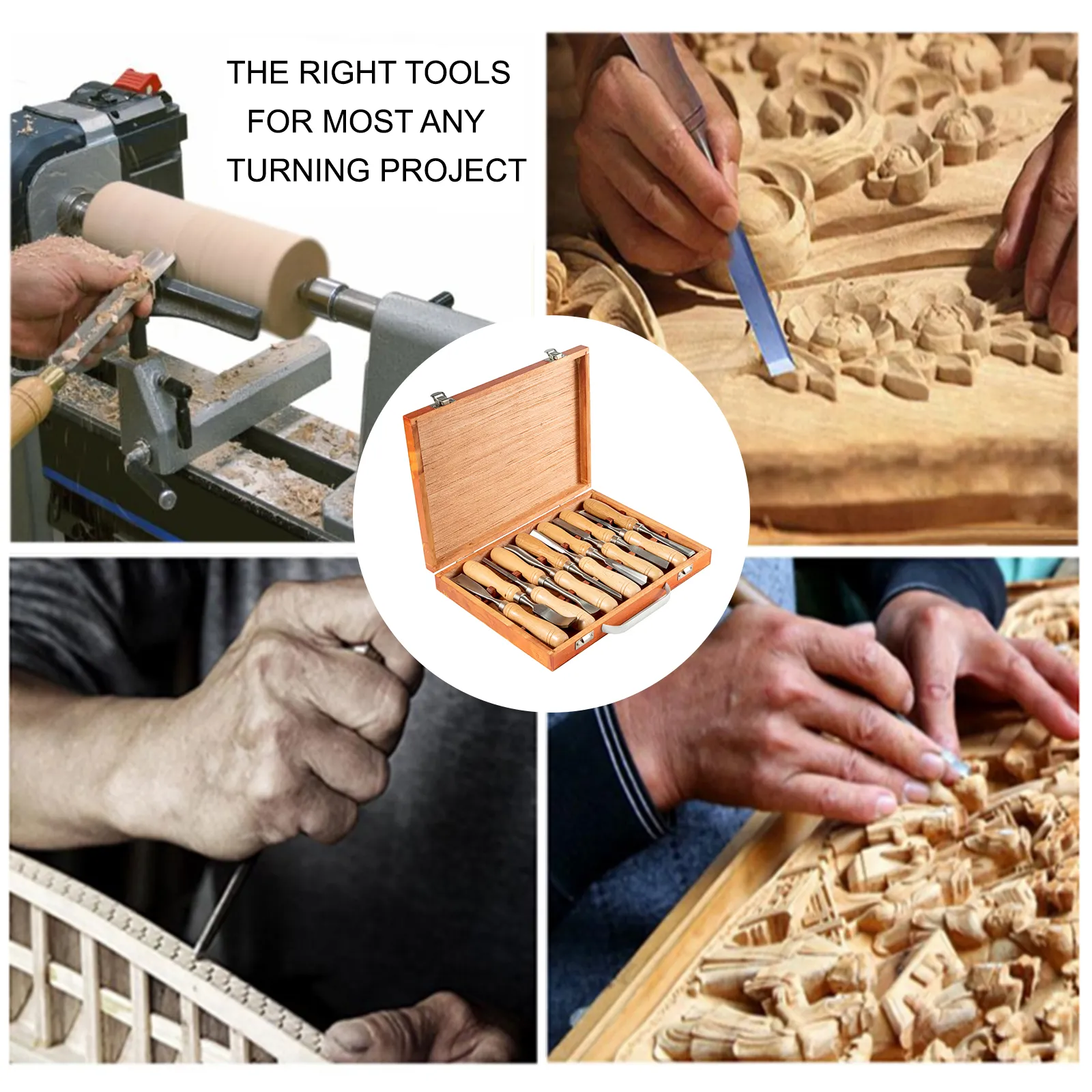 various woodworking scenes showcasing the VEVOR woodworking lathe chisel set.