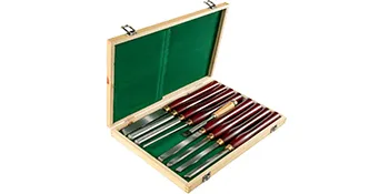 VEVOR woodworking lathe chisel set in a wooden case with green interior.