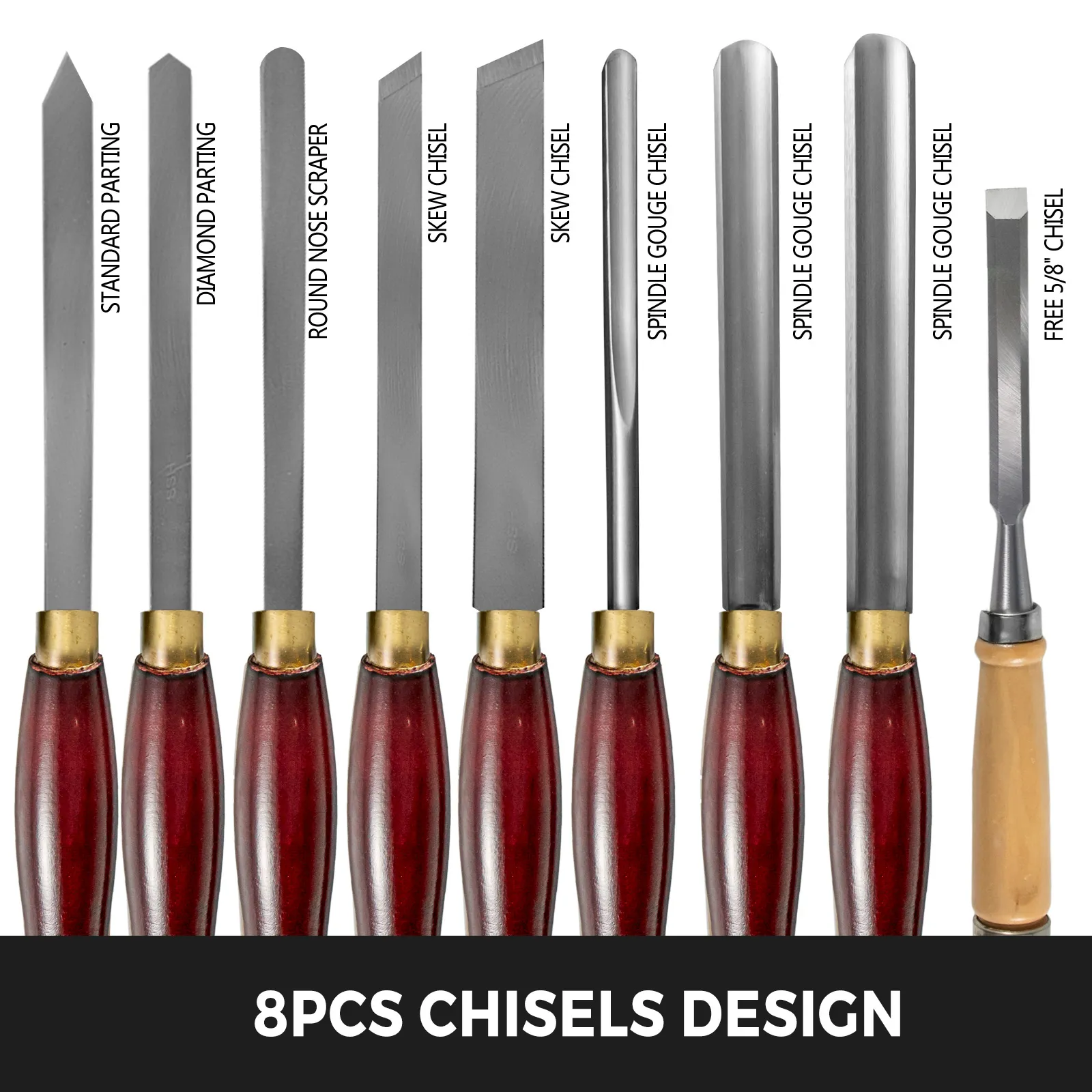 8pcs VEVOR woodworking lathe chisel set with labels for each chisel type.