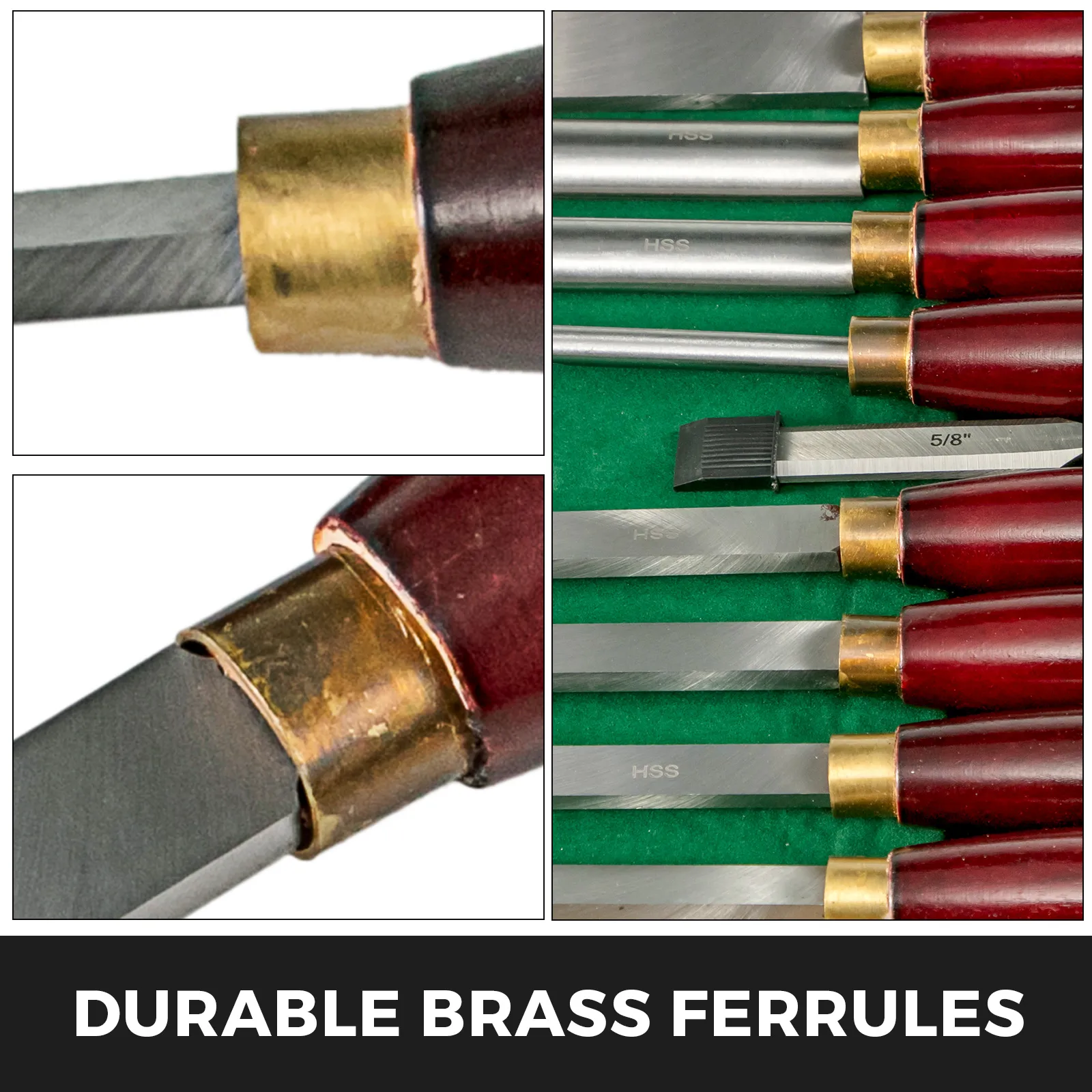 VEVOR woodworking lathe chisel set with durable brass ferrules and hss blades.