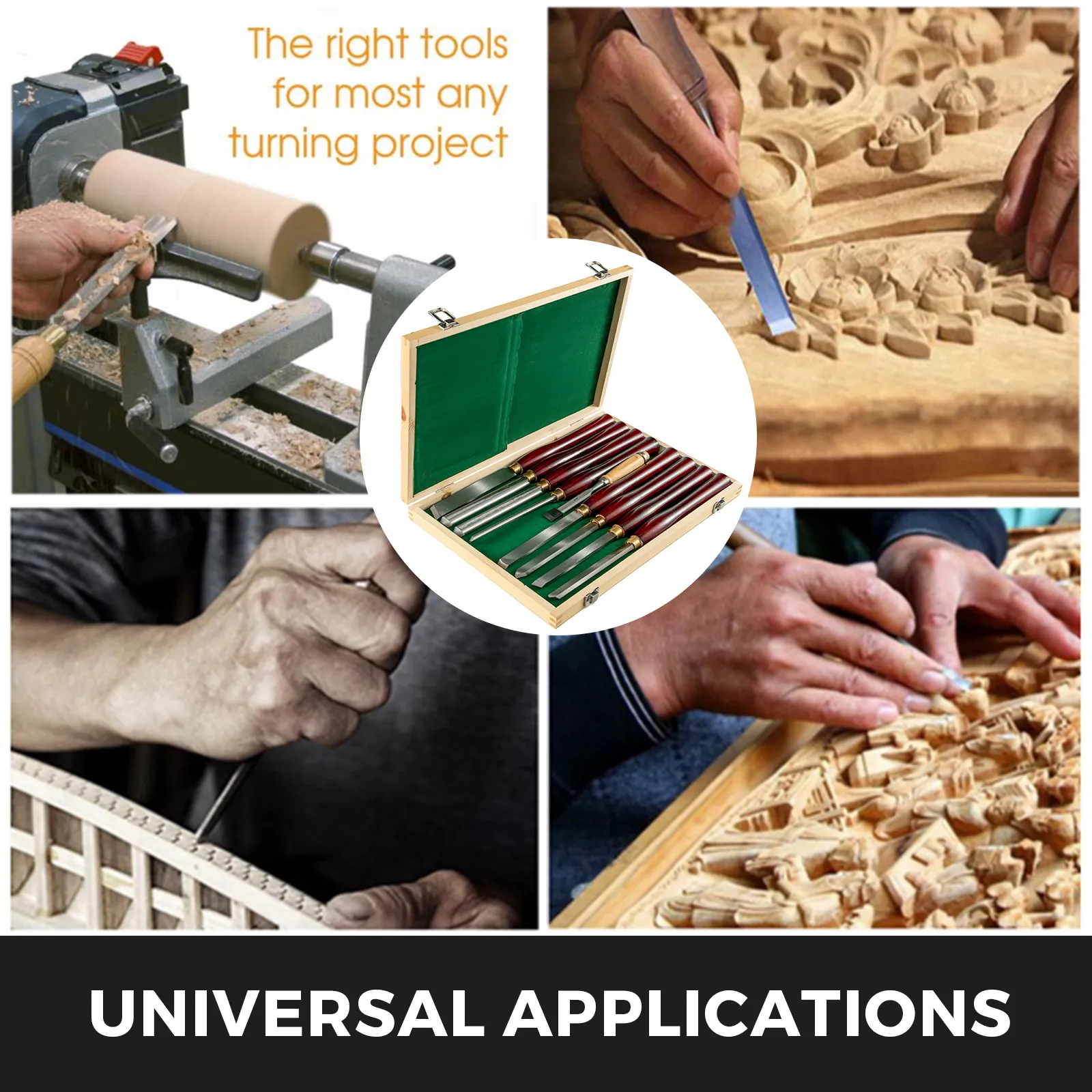 VEVOR woodworking lathe chisel set in action, carving intricate wood designs. universal applications.