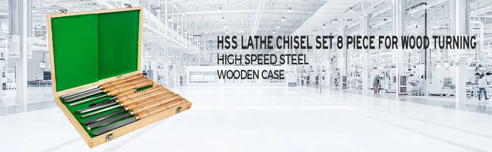 VEVOR woodworking lathe chisel set of 8 in wooden case, high-speed steel tools.