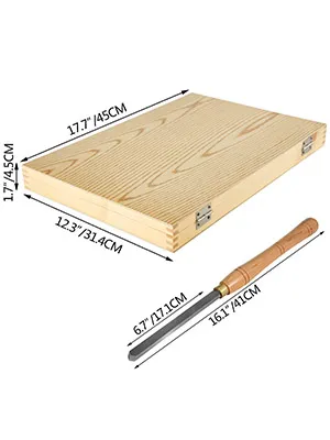 wooden case and VEVOR woodworking lathe chisel with dimensions labeled.