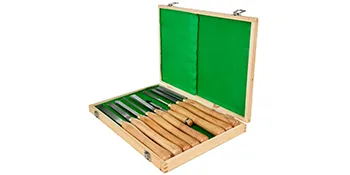 VEVOR woodworking lathe chisel set in a wooden box with green lining.