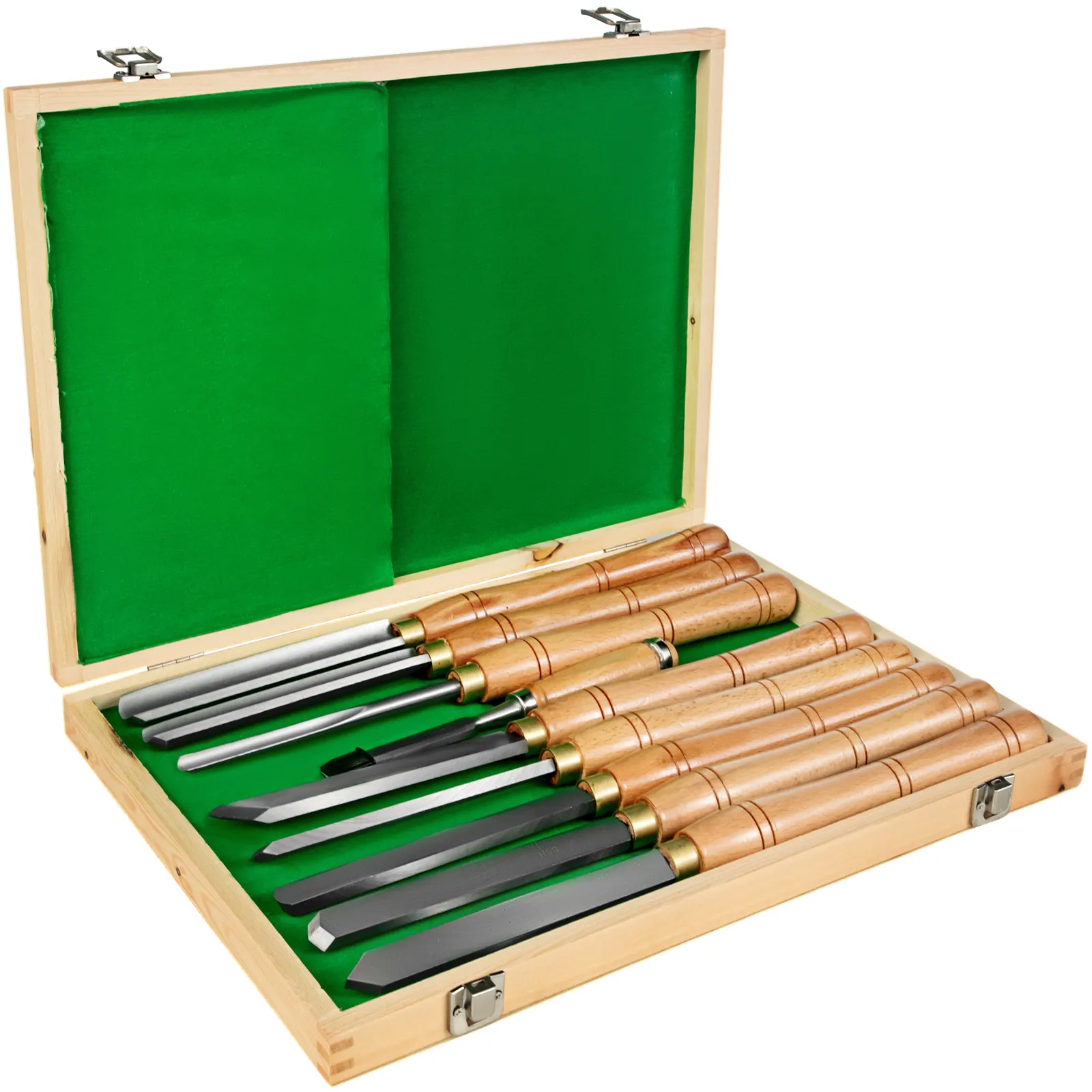 VEVOR woodworking lathe chisel set in a wooden case with green lining.