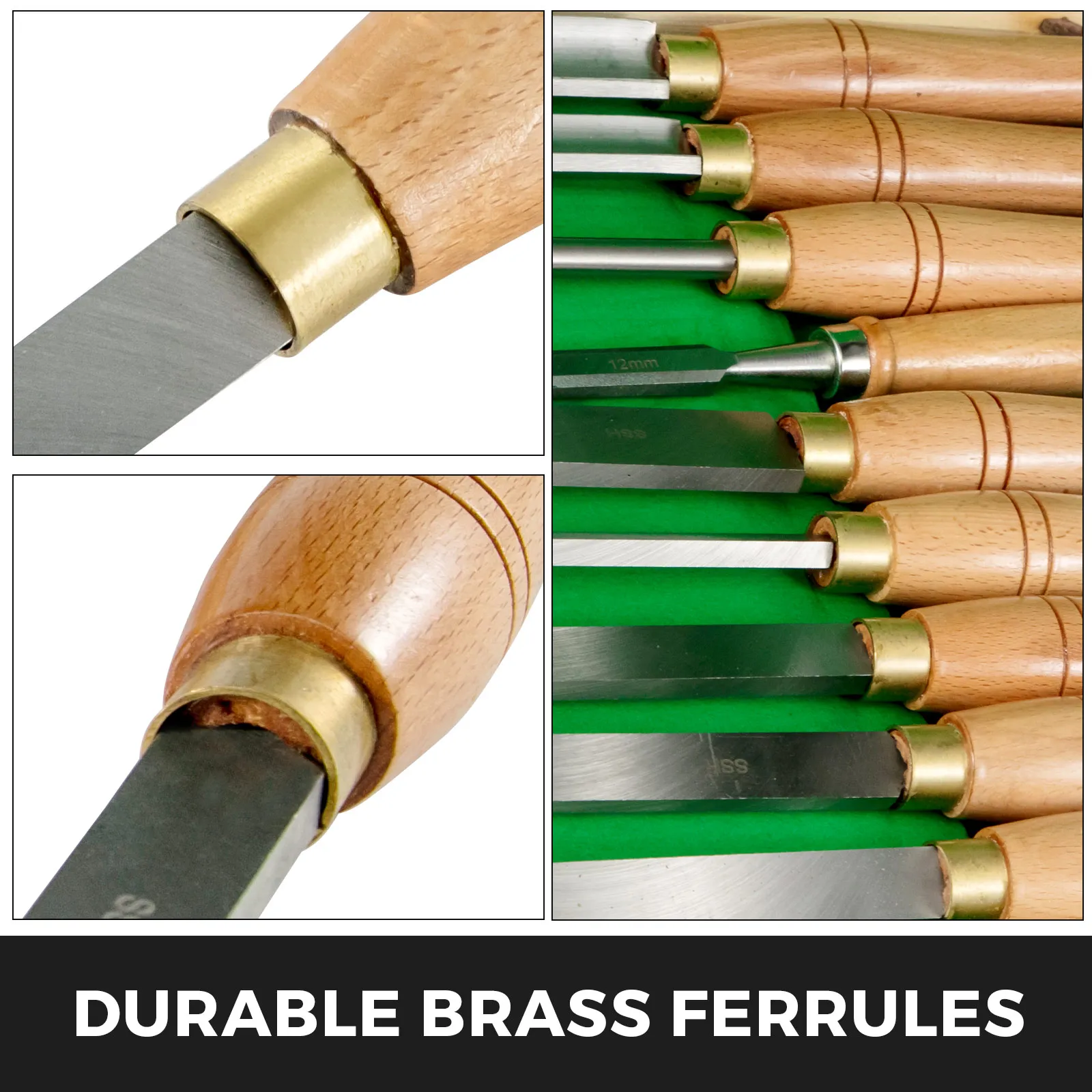 close-up of VEVOR woodworking lathe chisel set with durable brass ferrules.