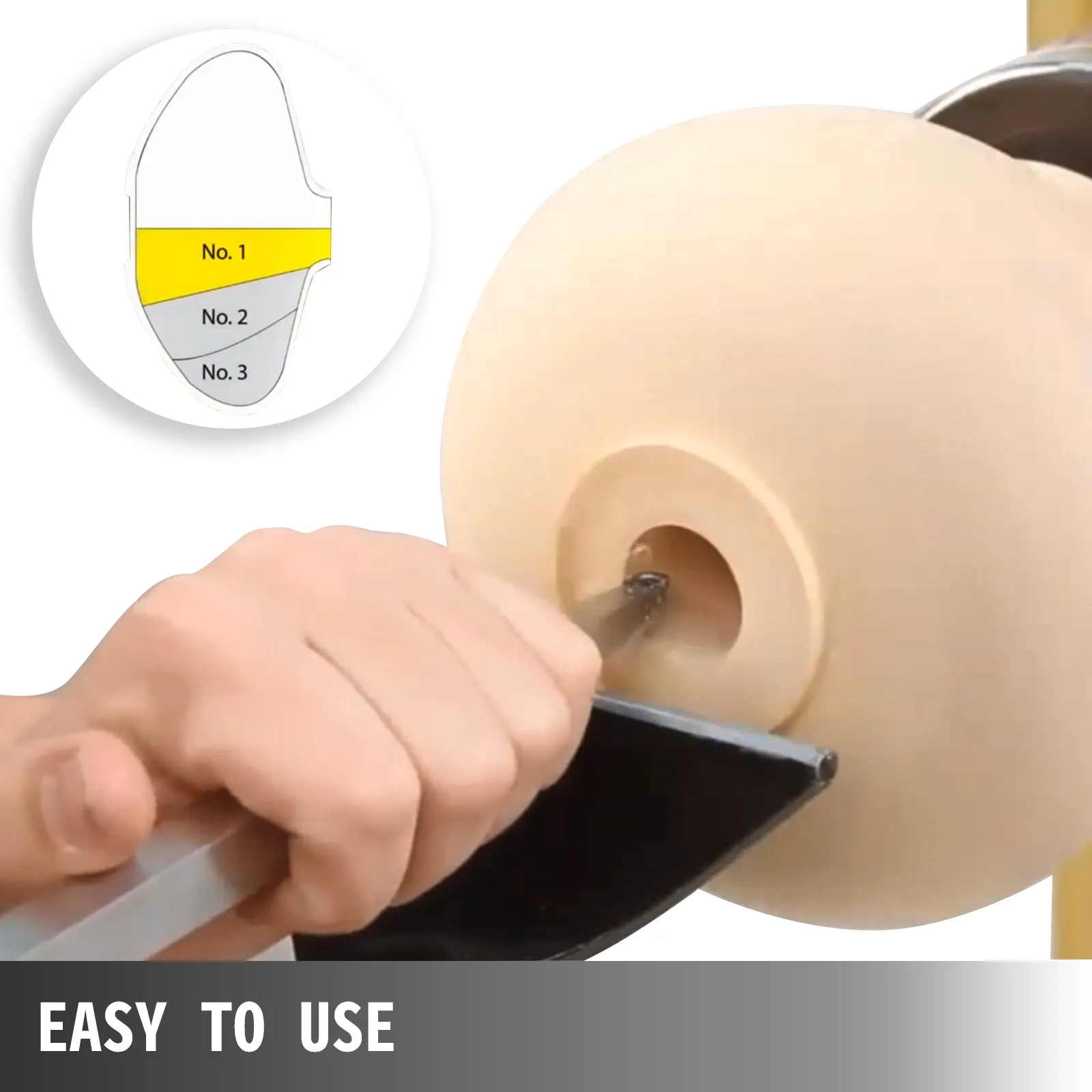 Mano usando herramientas de torneado de madera VEVOR para tallar un cuenco de madera con diagrama de instrucciones.