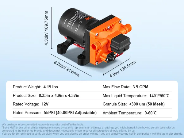 VEVOR water diaphragm pump with accessories and technical specifications including size and rating details.