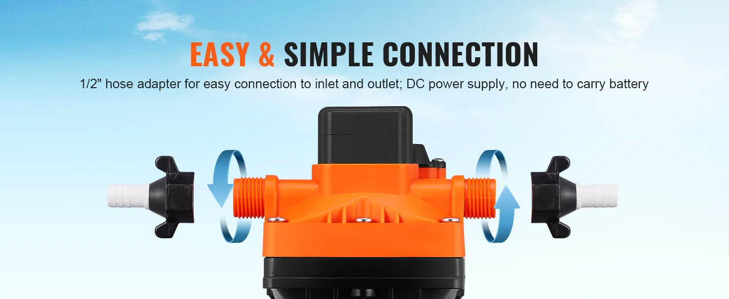 easy hose connection and dc power supply for VEVOR water diaphragm pump, no battery needed, 1/2" adaptors.