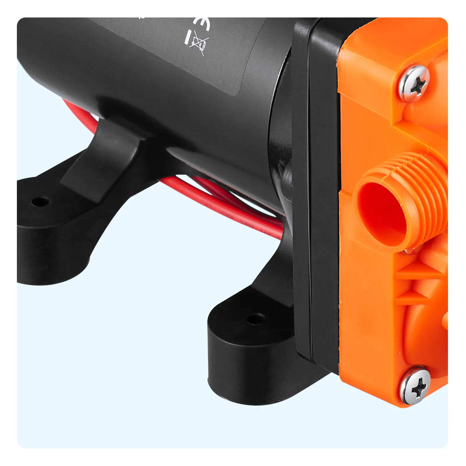 close-up of VEVOR water diaphragm pump with red wiring and orange and black components.