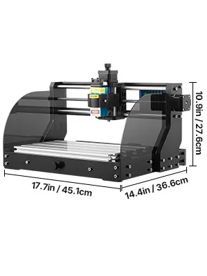 Incisore laser CNC VEVOR nero con dimensioni etichettate, dotato di pannelli protettivi blu.