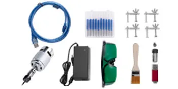 Accessori per incisori laser CNC VEVOR, tra cui cavi, motori, occhiali, utensili e punte.
