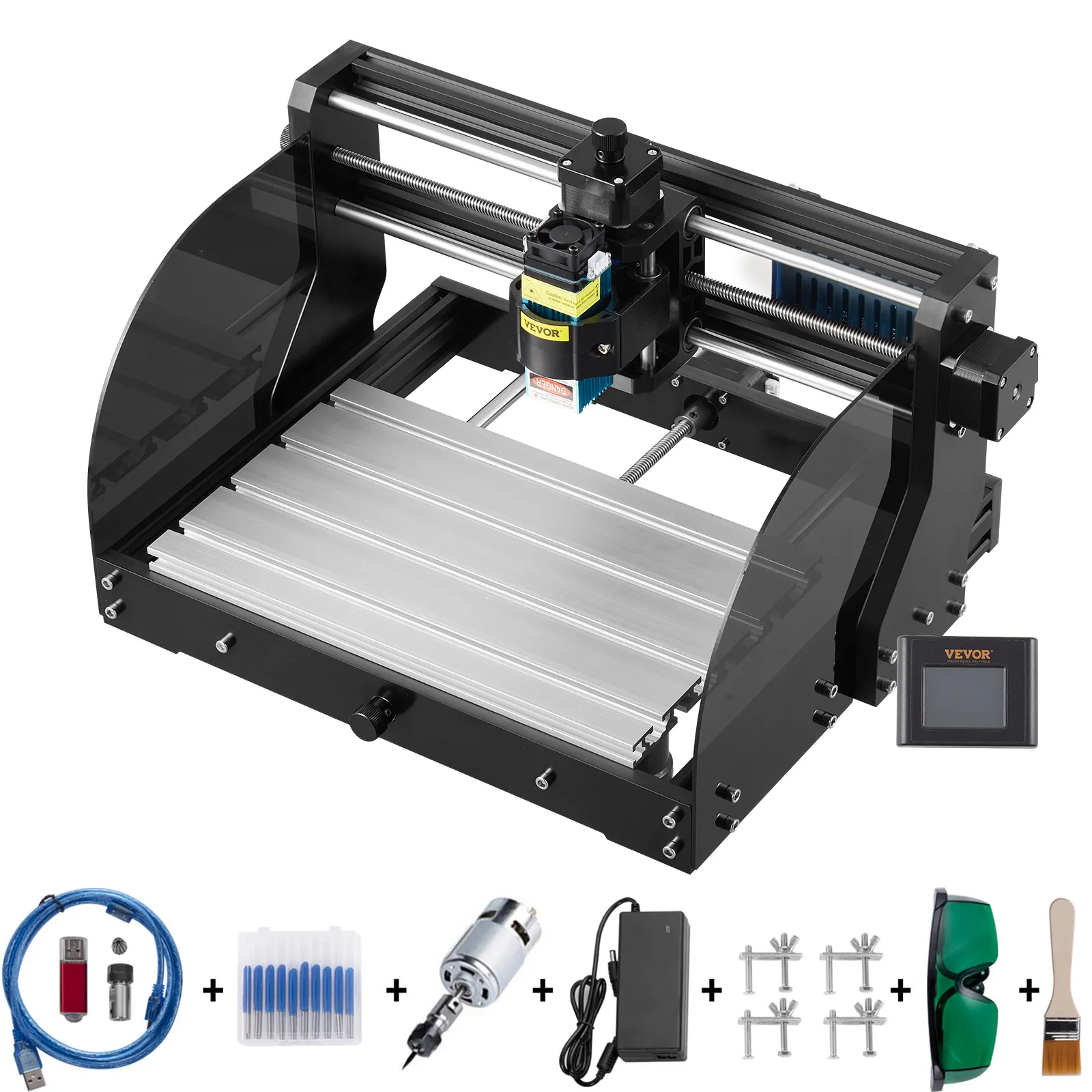 Incisore laser CNC VEVOR con accessori, intaglio su tavola di legno.
