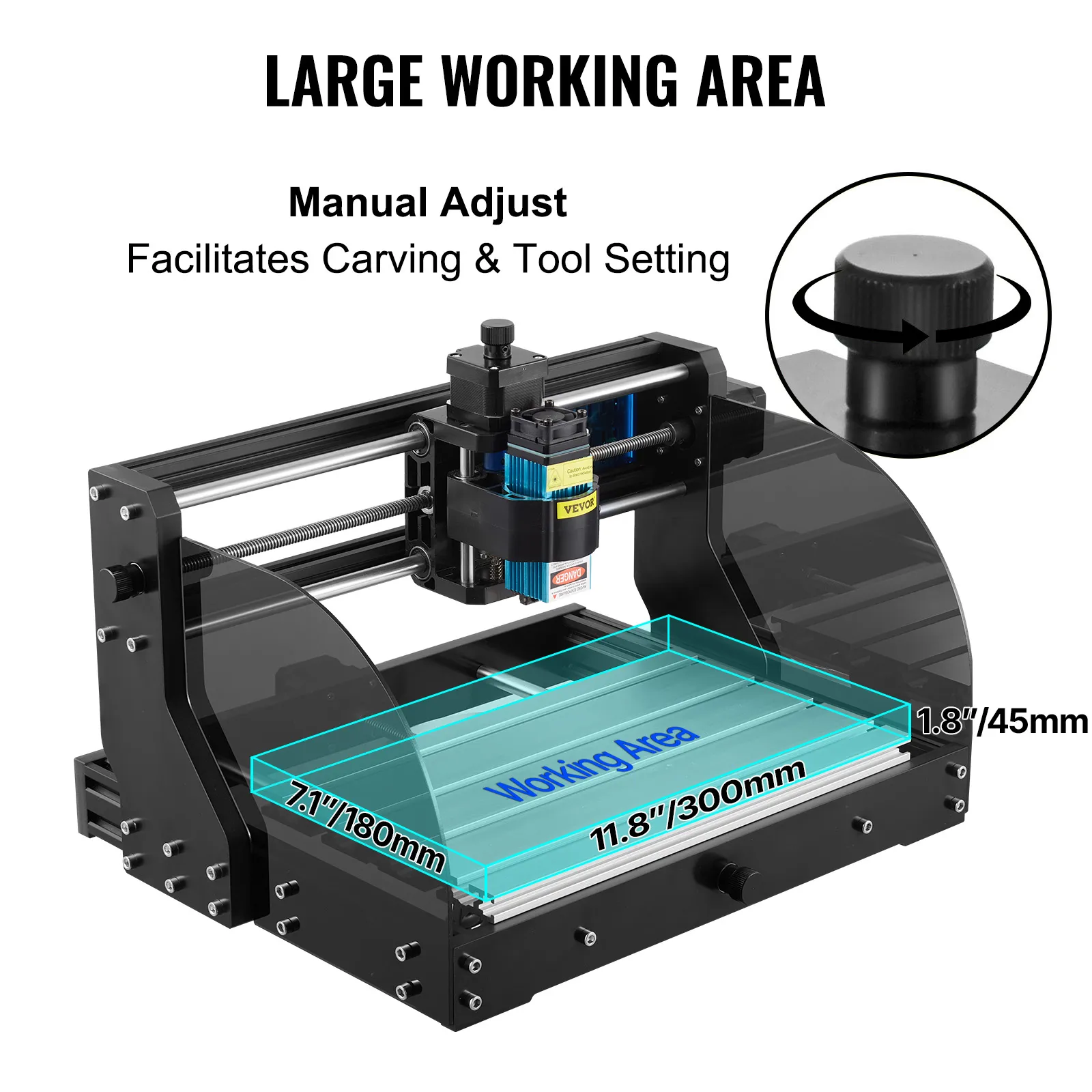 Incisore laser CNC VEVOR con ampia area di lavoro per incisioni e impostazione utensili.