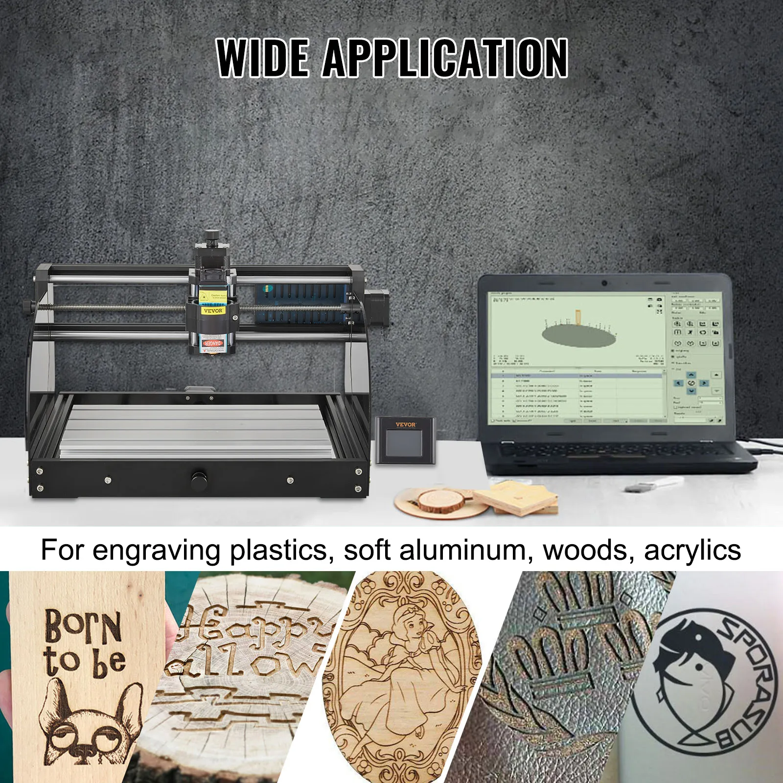 Incisore laser CNC VEVOR per plastica, alluminio, legno e acrilico, mostrato con campioni.
