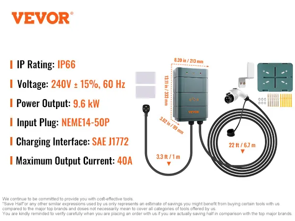 VEVOR level 2 ev charger, ip66, 240v, 9.6 kw, nema14-50p, sae j1772, 40a max current, 22ft cable