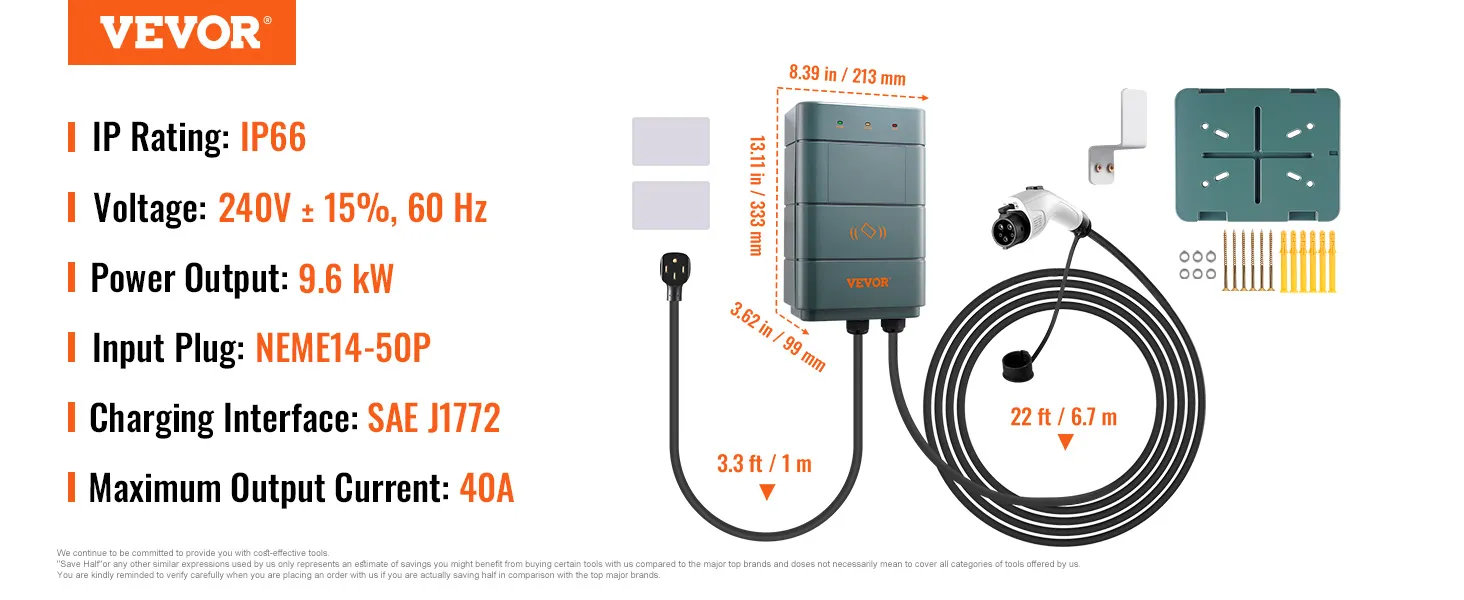 VEVOR level 2 ev charger, ip66, 240v, 9.6 kw, nema14-50p, sae j1772, 40a max current, 22ft cable