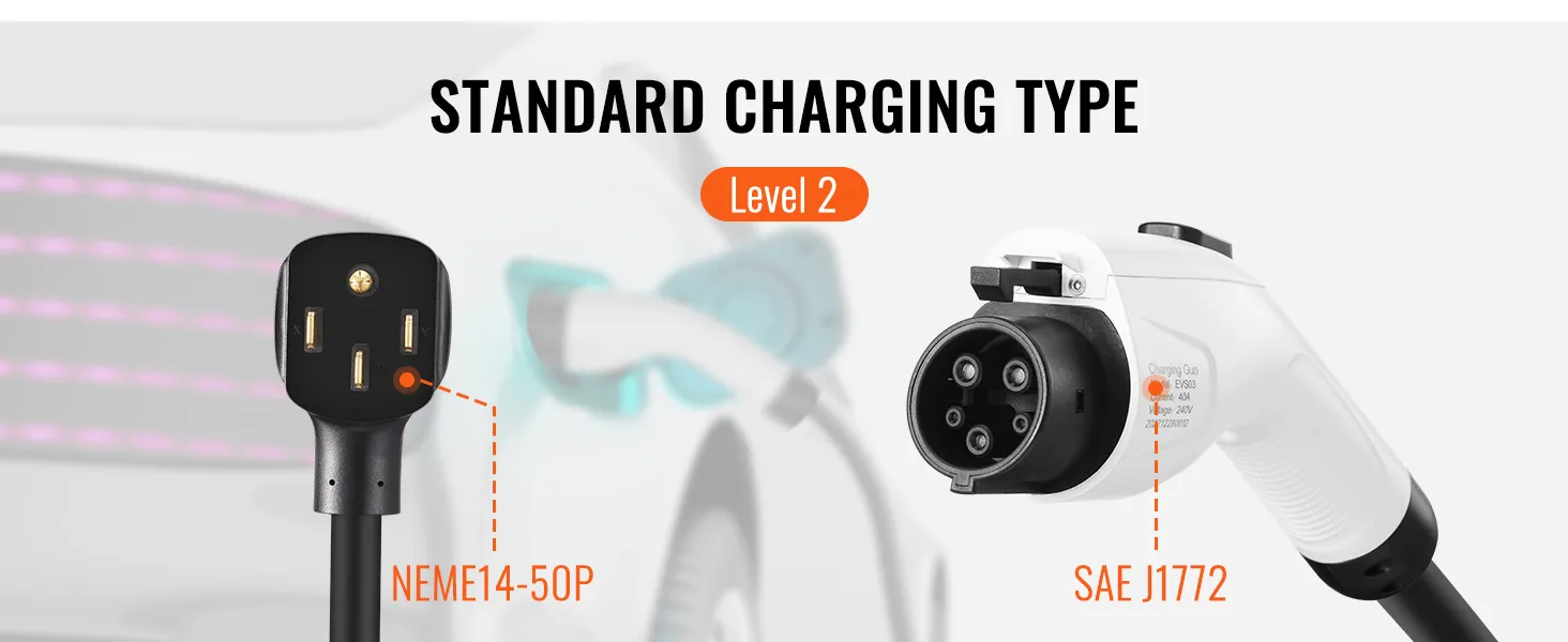 VEVOR level 2 ev charger with nema14-50p and sae j1772 connectors. standard charging type.