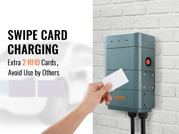 VEVOR level 2 ev charger with swipe card charging, extra 2 rfid cards for secure use.