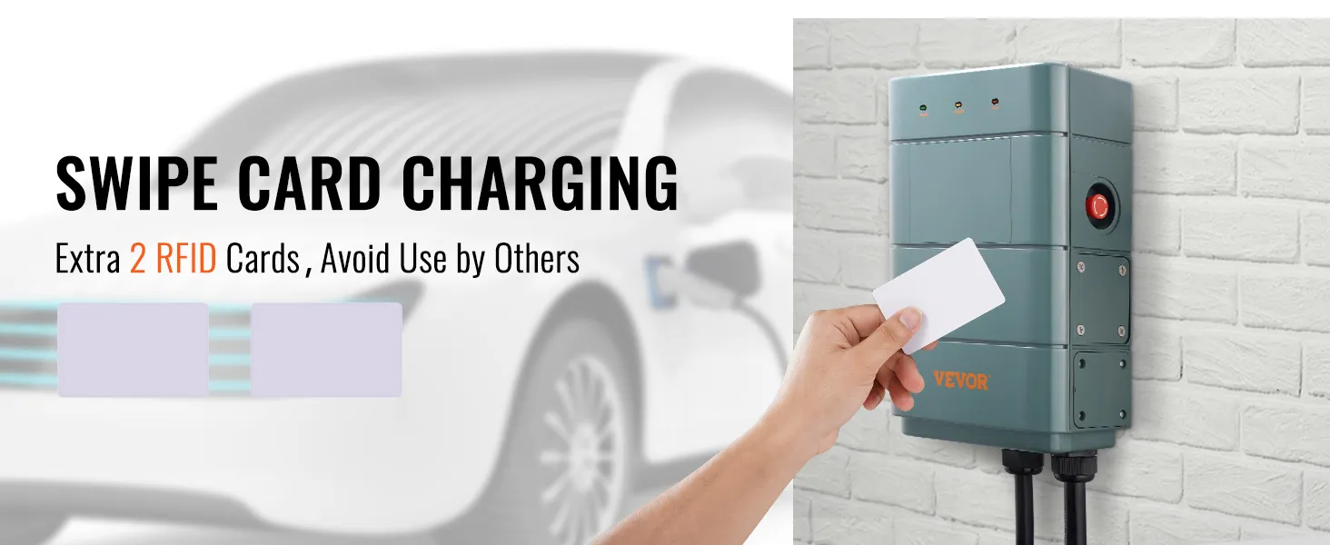 VEVOR level 2 ev charger with swipe card charging, extra 2 rfid cards for secure use.