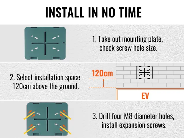 VEVOR level 2 ev charger installation steps: mount plate, set height to 120cm, drill holes for expansion screws.