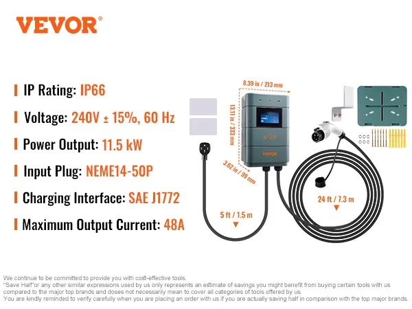 Cargador ev VEVOR, ip66, 240v, 11,5kw, nema14-50p, sae j1772, 48a, cable de 24 pies, accesorios de montaje en pared.